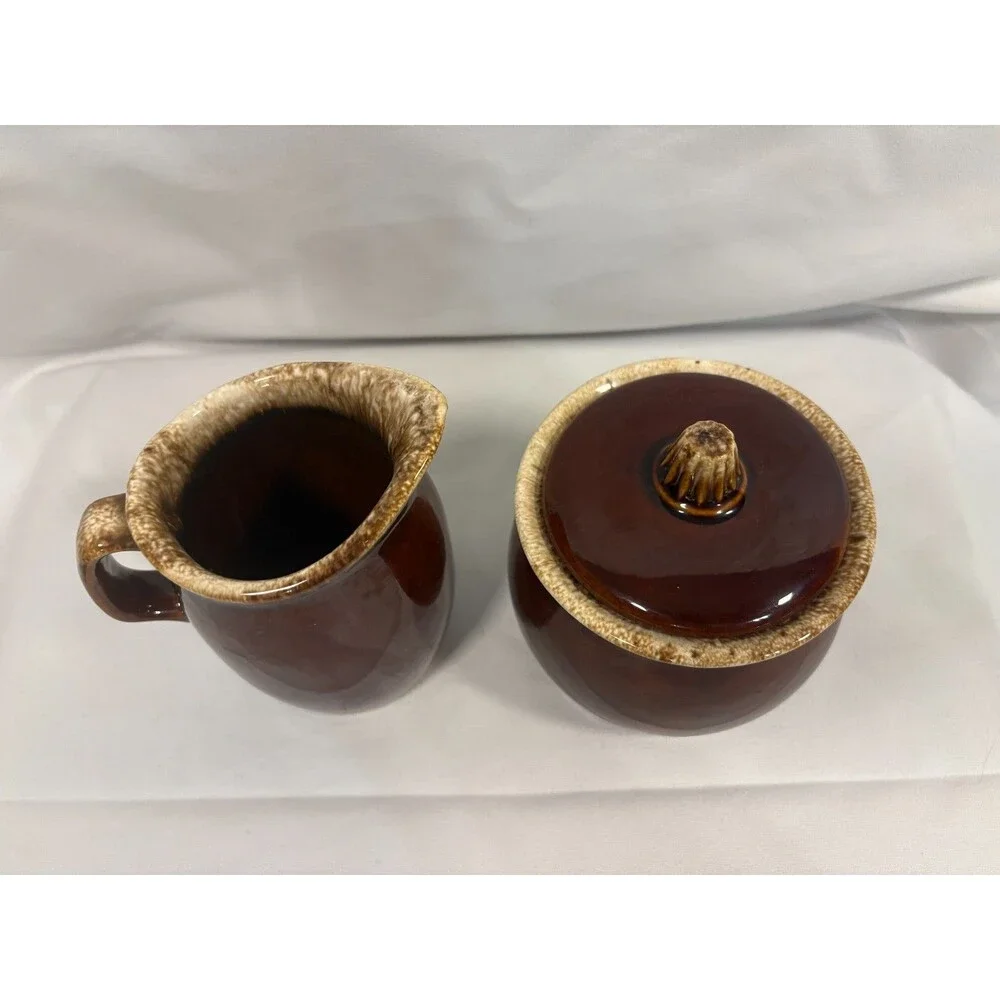 Vintage HULL POTTERY Brown Drip Sugar Bowl & Creamer Set - Oven Proof - USA